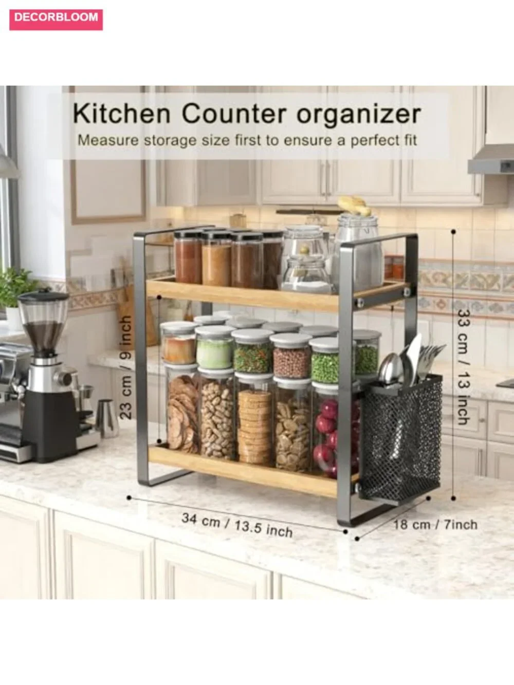 2-Tier Wood Coffee Bar Organizer with Basket, Countertop Shelf for Kitchen